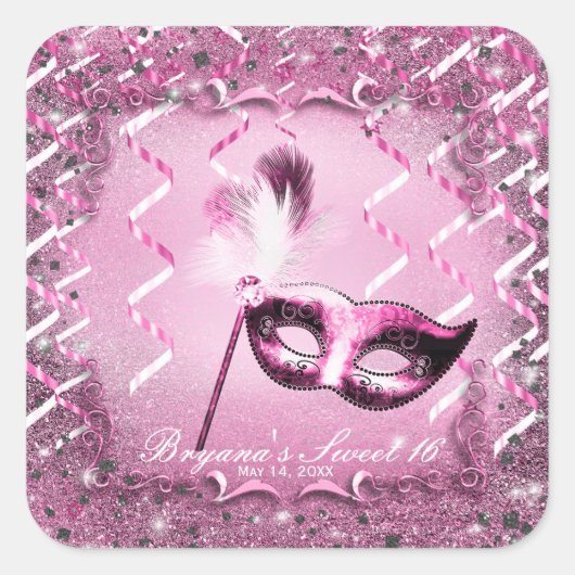 Roze Maskerade Masker Elegant Ball Party Vierkante Sticker (Voorkant)