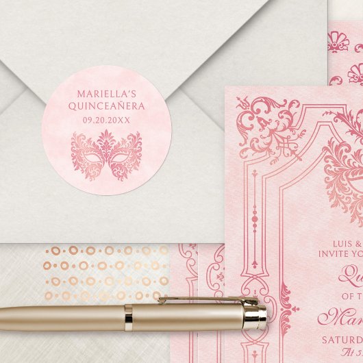 Roze Maskerade Masker Elegante Quinceanera Ronde Sticker