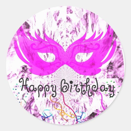 Roze Maskerade Verjaardag Ronde Sticker (Voorkant)