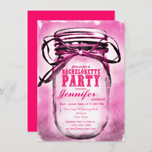 Roze Mason Jar Bachelorette Party Kaart (Voorkant / Achterkant)