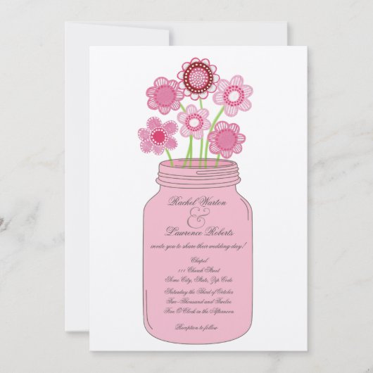 Roze Mason Jar Bloemen Bruiloft Uitnodiging (Voorkant)