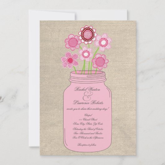 Roze Mason Jar Bloemen & Burlap bruiloft uitnodigi Kaart (Voorkant)
