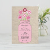 Roze Mason Jar Bloemen & Burlap bruiloft uitnodigi Kaart (Staand voorkant)