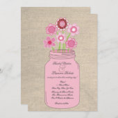 Roze Mason Jar Bloemen & Burlap bruiloft uitnodigi Kaart (Voorkant / Achterkant)