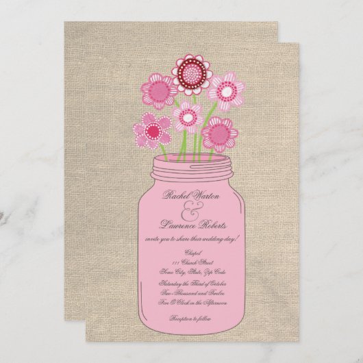 Roze Mason Jar Bloemen & Burlap bruiloft uitnodigi Kaart (Voorkant / Achterkant)