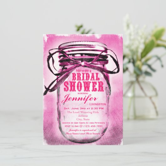 Roze Mason Jar Bridal Shower-uitnodigingen Kaart (Staand voorkant)