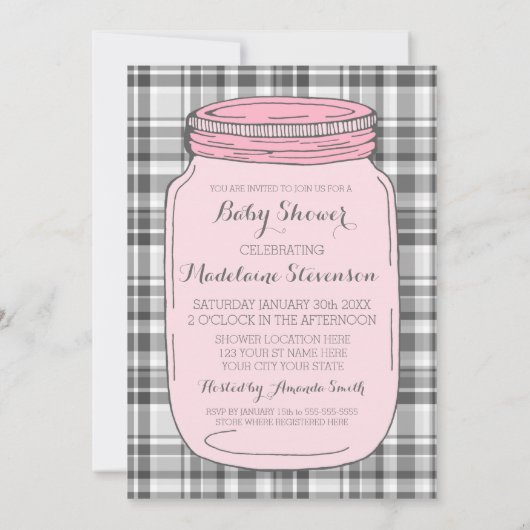 Roze Mason Jar Custom Baby Shower-uitnodigingen Kaart (Achterkant)