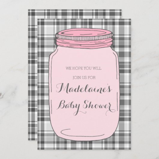 Roze Mason Jar Custom Baby Shower-uitnodigingen Kaart (Voorkant / Achterkant)