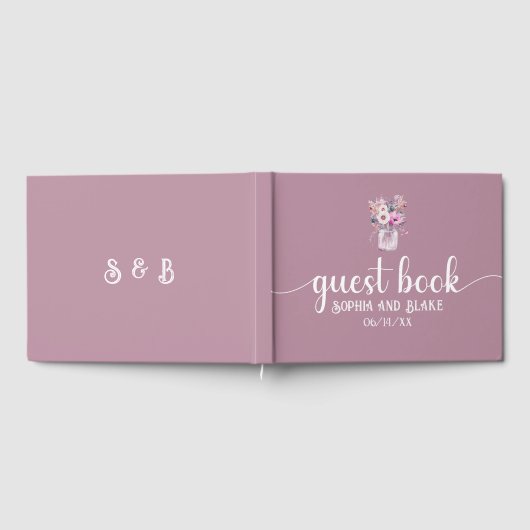 Roze Mason Jar met Bloemen Bruiloft Gastenboek (Volledig)