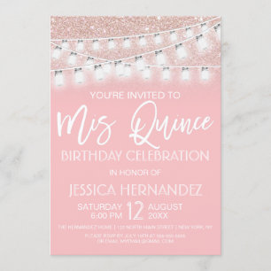 Roze Mason Jar String Lights Glitter Quinceañera Kaart