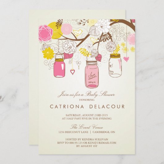 Roze Mason Jars Baby shower Uitnodiging (Voorkant / Achterkant)