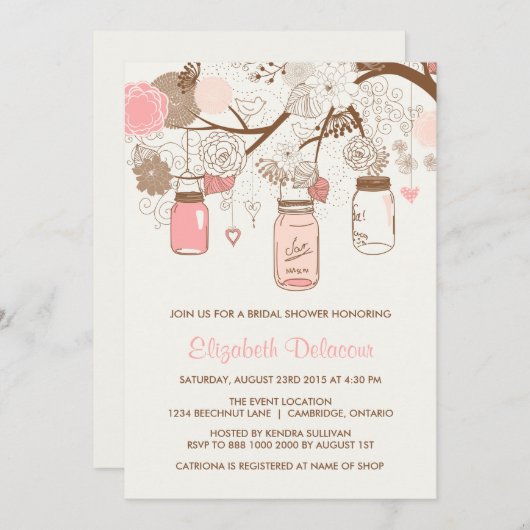  roze Mason Jars Bridal Shower Kaart (Voorkant / Achterkant)