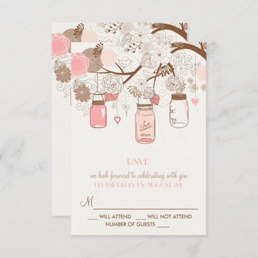 Roze Mason Jars en Bloemen RSVP Kaart (Voorkant / Achterkant)