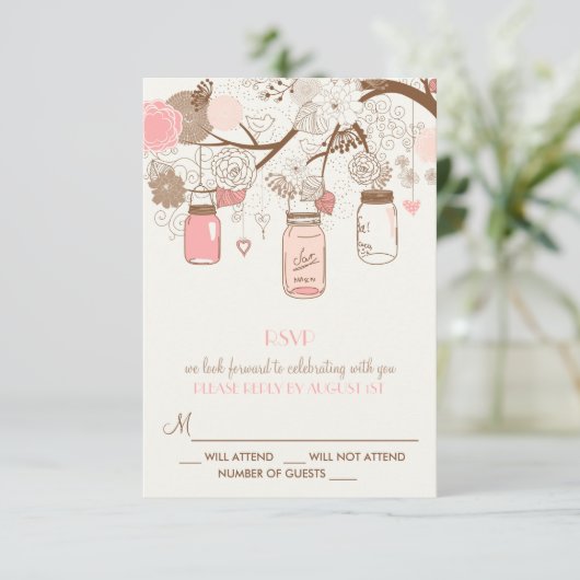  Roze Mason Jars en Flowers RSVP-kaart RSVP Kaartje (Staand voorkant)
