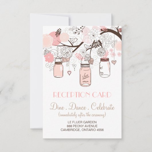 Roze Mason Jars en Tortelduifjes Reception Kaart (Voorkant)
