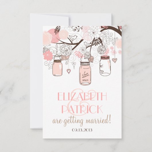 Roze Mason Jars en Tortelduifjes RSVP Wedding Invi (Achterkant)