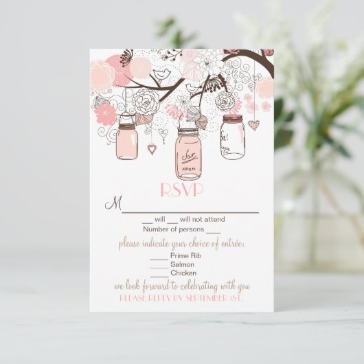 Roze Mason Jars en Tortelduifjes RSVP Wedding Kaar (Staand voorkant)