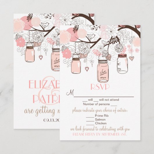Roze Mason Jars en Tortelduifjes RSVP Wedding Kaar (Voorkant / Achterkant)