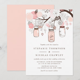 Roze Mason Jars en Tortelduifjes Wedding Invitatio Kaart