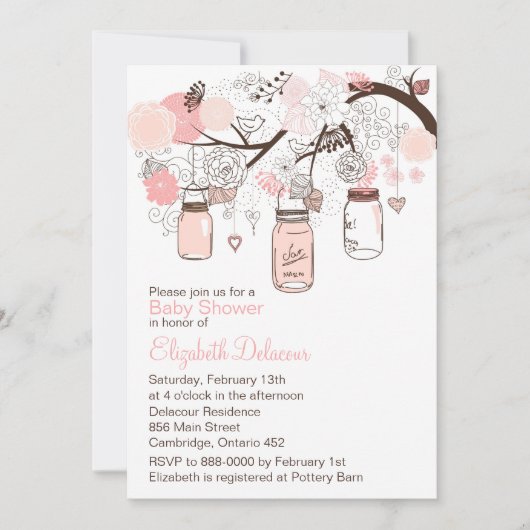Roze Mason Jars & Lovebird Baby shower Invitation Kaart (Voorkant)