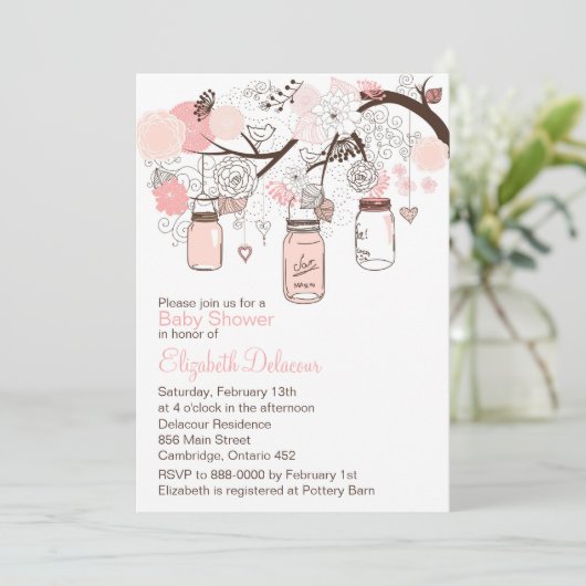 Roze Mason Jars & Lovebird Baby shower Invitation Kaart (Staand voorkant)