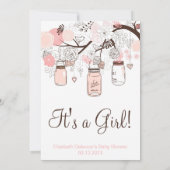 Roze Mason Jars & Lovebird Baby shower Invitation Kaart (Achterkant)