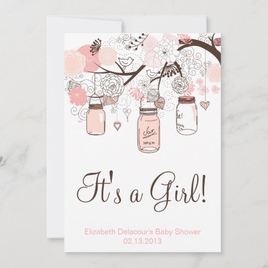 Roze Mason Jars & Lovebird Baby shower Invitation Kaart (Achterkant)