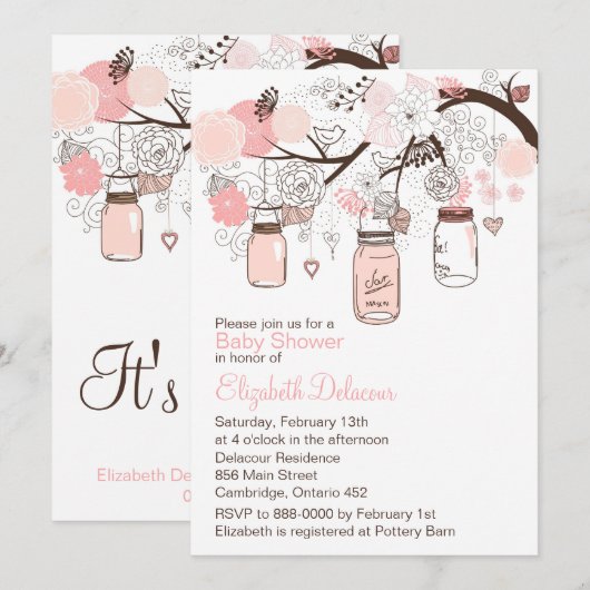 Roze Mason Jars & Lovebird Baby shower Invitation Kaart (Voorkant / Achterkant)