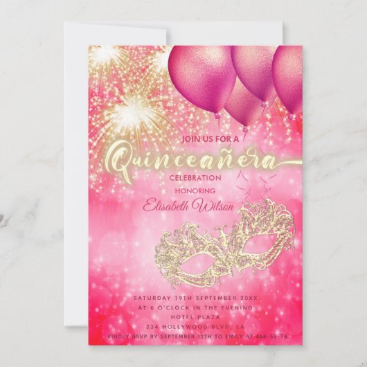 Roze Masquerade ballon vuurwerk Quinceañera Kaart (Voorkant)