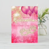 Roze Masquerade ballon vuurwerk Quinceañera Kaart (Staand voorkant)