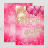 Roze Masquerade ballon vuurwerk Quinceañera Kaart (Voorkant / Achterkant)
