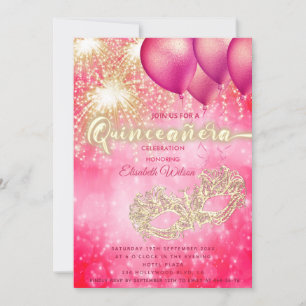 Roze Masquerade ballon vuurwerk Quinceañera Kaart
