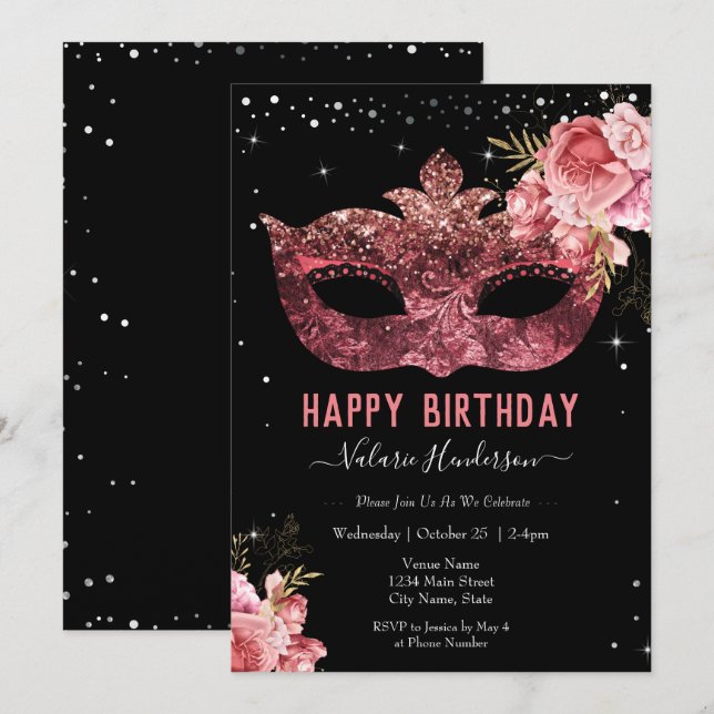 Roze Masquerade Birthday Party Invitation (Voorkant / Achterkant)