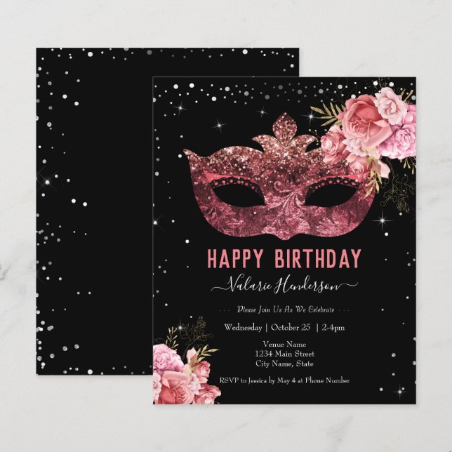 Roze Masquerade Birthday Party Invitation (Voorkant / Achterkant)