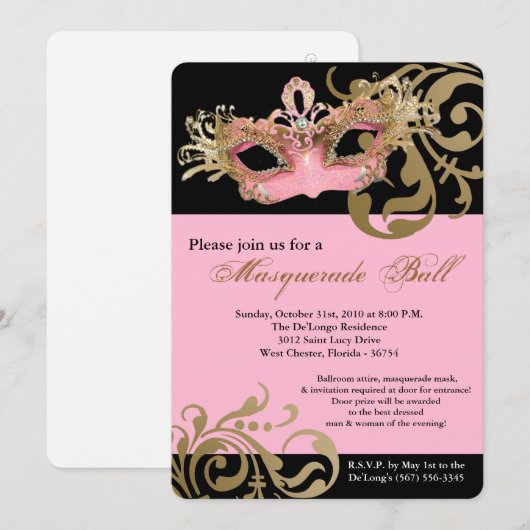 Roze Masquerade Mask Ball Costume Halloween Kaart (Voorkant / Achterkant)