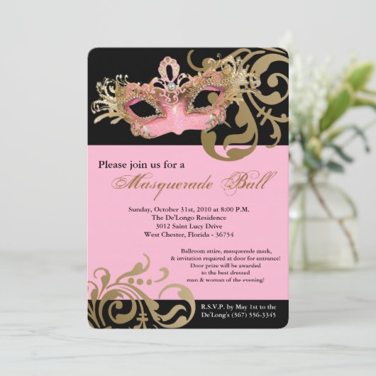 Roze Masquerade Mask Ball Costume Halloween Kaart (Staand voorkant)