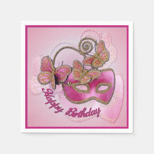 Roze Masquerade Mask Birthday Napkins Servet (Voorkant)