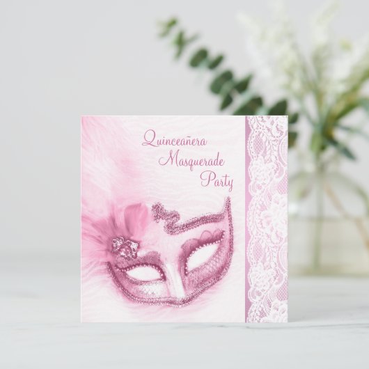  Roze Masquerade Party Kaart (Staand voorkant)