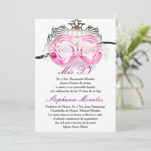 Roze Masquerade Quinceanera Birthday Uitnodiging (Staand voorkant)