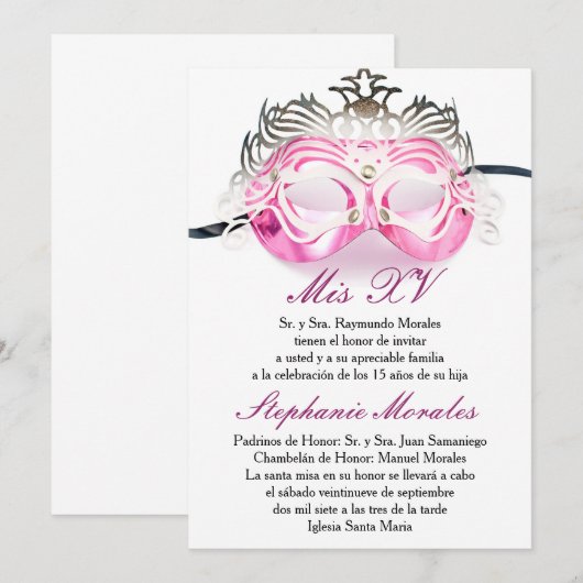 Roze Masquerade Quinceanera Birthday Uitnodiging (Voorkant / Achterkant)