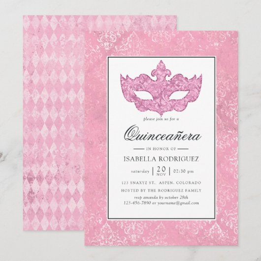 Roze Masquerade Quinceañera feest Kaart (Voorkant / Achterkant)