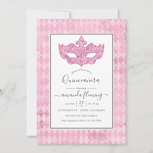 roze Masquerade Quinceañera Kaart (Voorkant)