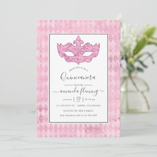  roze Masquerade Quinceañera Kaart (Staand voorkant)