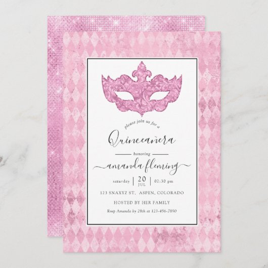  roze Masquerade Quinceañera Kaart (Voorkant / Achterkant)