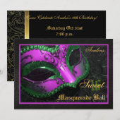 Roze Masquerade Sweet 16 Party Invitation Kaart (Voorkant / Achterkant)
