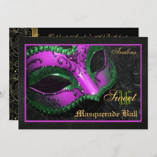 Roze Masquerade Sweet 16 Party Invitation Kaart (Voorkant / Achterkant)
