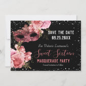 Roze Masquerade Sweet Sixteen Save the Date (Voorkant)