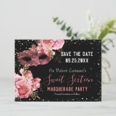 Roze Masquerade Sweet Sixteen Save the Date (Staand voorkant)
