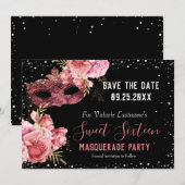 Roze Masquerade Sweet Sixteen Save the Date (Voorkant / Achterkant)