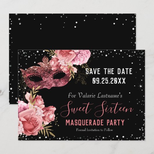 Roze Masquerade Sweet Sixteen Save the Date (Voorkant / Achterkant)